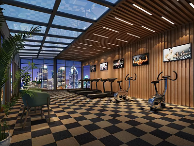 Fitness Gym With Stationary Bikes Wooden Walls Glass Ceiling And City View Through Large Windows 3d model