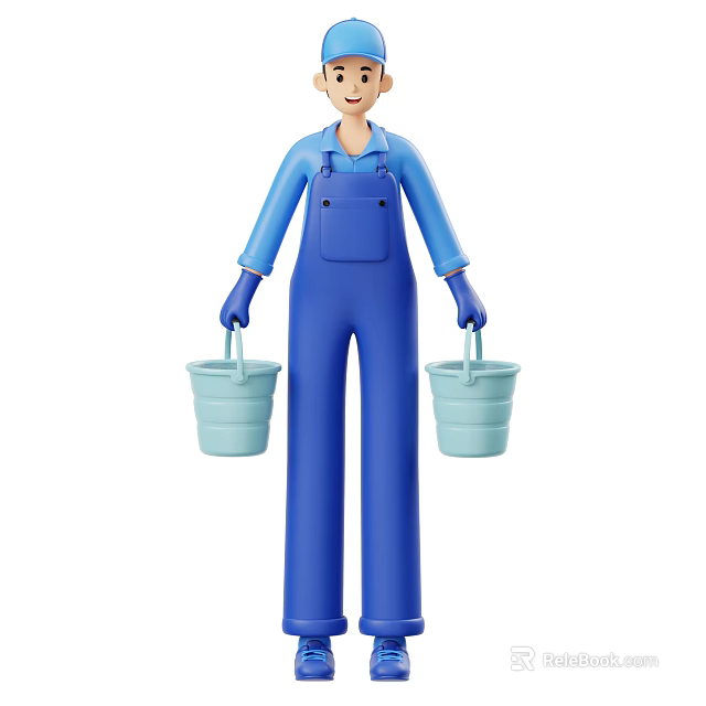Woman In Blue Overalls With Blue Gloves Holding Two Light Blue Buckets 3d model 