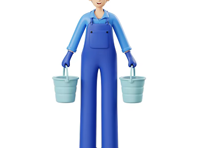 Woman In Blue Overalls With Blue Gloves Holding Two Light Blue Buckets 3d model