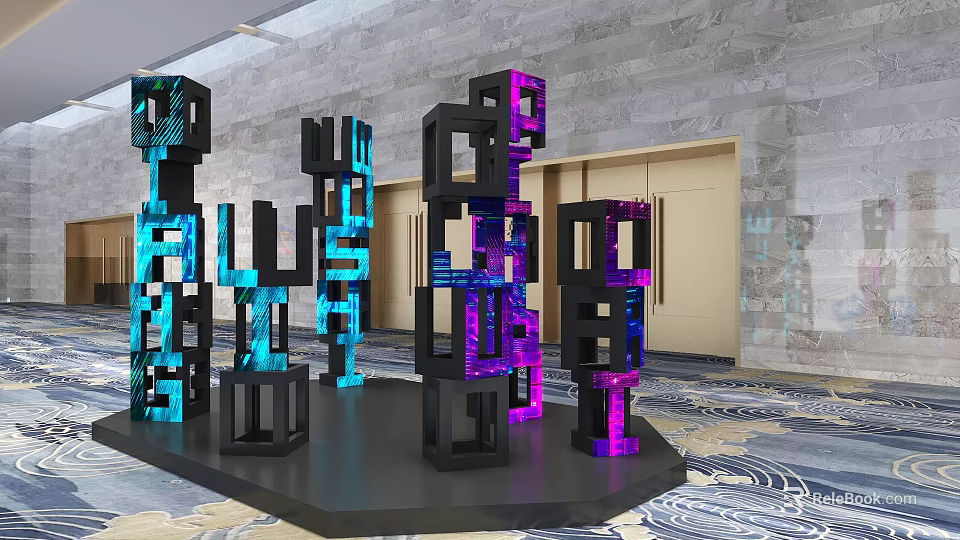 Colorful Glowing 3D Letters Commercial Equipment Display with Black Platform Gray Wall and Golden Doors 3d model 