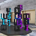 Colorful Glowing 3D Letters Commercial Equipment Display with Black Platform Gray Wall and Golden Doors