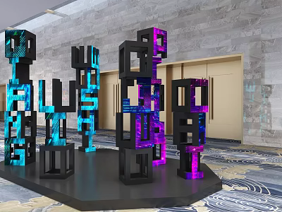 Colorful Glowing 3D Letters Commercial Equipment Display with Black Platform Gray Wall and Golden Doors 3d model