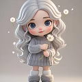Cartoon Woman With White Long Hair In Gray Sweater Holding White Flower And Small Flowers