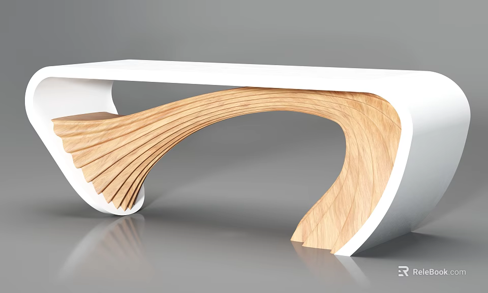 Modern Office Desk With Curved Wooden Structure And White Sleek Top Design 3d model 