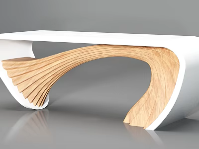 Modern Office Desk With Curved Wooden Structure And White Sleek Top Design 3d model