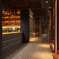 Traditional Chinese Restaurant Interior With Wooden Slat Ceiling Wine Rack Wall And Stone Elements