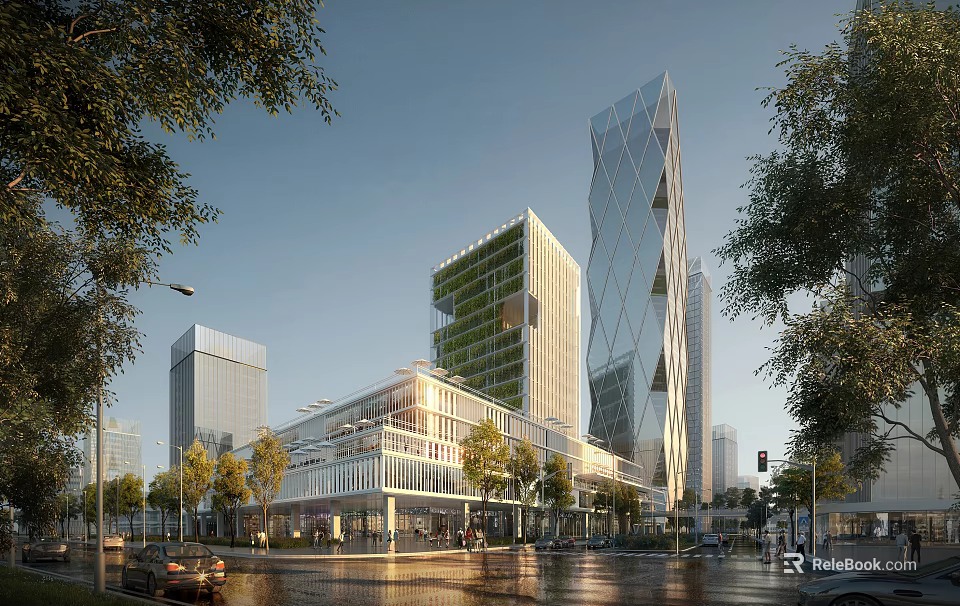 Modern Green Office Building With Glass Facade In Urban Street With Trees And Vehicles 3d model 
