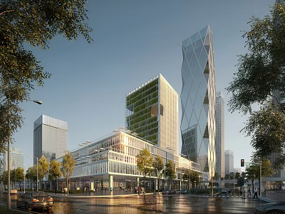 Modern Green Office Building With Glass Facade In Urban Street With Trees And Vehicles 3d model