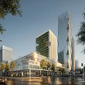 Modern Green Office Building With Glass Facade In Urban Street With Trees And Vehicles