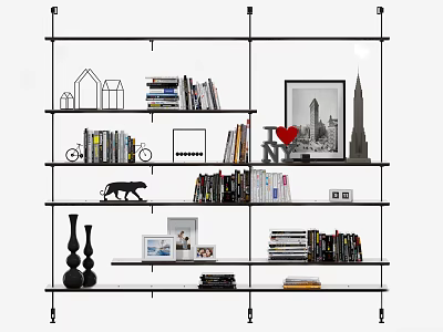 Modern Bookshelf with Multiple Shelves Books Decorative Models Photos and Vases 3d model
