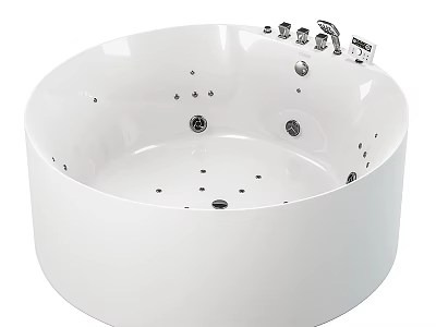 White Round Whirlpool Bathtub with Multiple Massage Jets and Faucet Controls 3d model