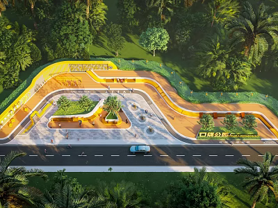 Lush Park Landscape With Winding Yellow Pathway Green Lawn And Surrounding Trees 3d model