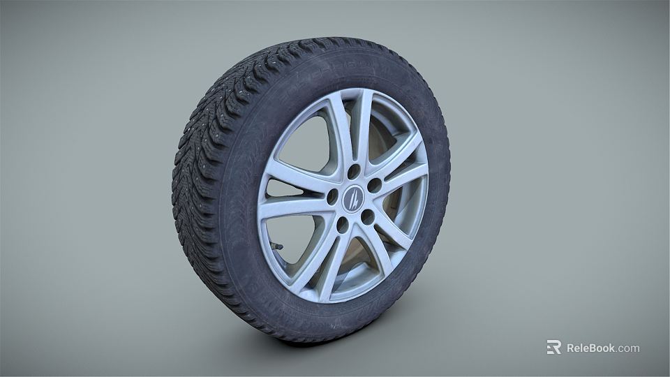 Car Tire With Black Tread Pattern And Silver Alloy Rim Design 3d model 
