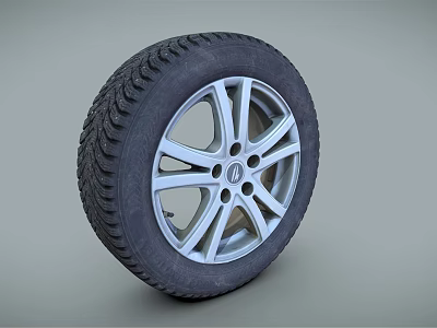 Car Tire With Black Tread Pattern And Silver Alloy Rim Design 3d model