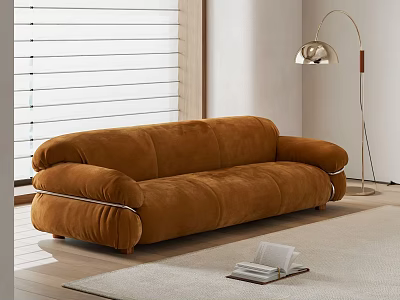 Brown Velvet Two-Seater Sofa With Silver Trim Floor Lamp Blinds And Books On Rug 3d model