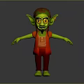 3D Green Fantasy Character With Red Outfit Brown Hat Pointed Ears And Yellow Eyes