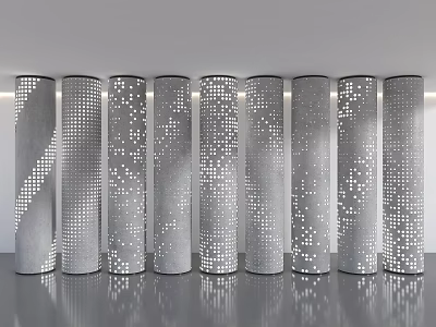 Modern Concrete Columns With Perforated Dot Patterns Lit Up In Contemporary Interior With Reflective Floor 3d model