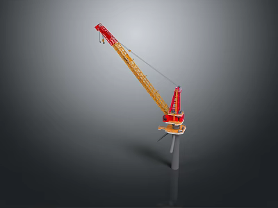 Red And Yellow Crane Model With Long Boom On Gray Background 3d model