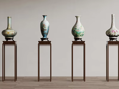 Four Decorative Floral Vases with Various Colors and Patterns Arranged on Brown Stands 3d model