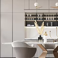 Elegant Modern Restaurant Interior With Dining Table Chairs Pendant Lights And Decorative Cabinets 3d model