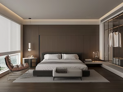 Modern Minimalist Bedroom Interior Design With Large Bed Wooden Floor And Wardrobe 3d model