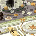 Stylish Dinnerware Set With Champagne Bottle Lanterns Plates Glasses Candle Holders And Decorative Balls