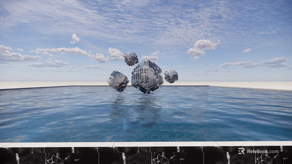 Geometric Shaped Metallic Landscape Sculptures Floating On Water With Reflections And Blue Sky White Clouds 3d model 