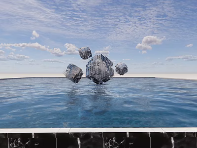 Geometric Shaped Metallic Landscape Sculptures Floating On Water With Reflections And Blue Sky White Clouds 3d model