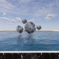 Geometric Shaped Metallic Landscape Sculptures Floating On Water With Reflections And Blue Sky White Clouds
