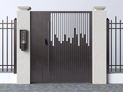Modern Style Entrance Gate With Stone Pillars And Access Control 3d model
