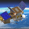 Space Satellite With Blue Solar Panels And Antenna Orbiting Earth In Outer Space