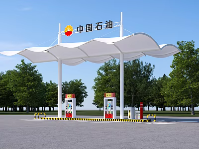 PetroChina Gas Station with White Canopy Fuel Dispensers and Green Trees Under Blue Sky 3d model