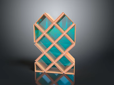 Geometric Wooden Wine Rack With Blue Glass Compartments And Reflective Base 3d model