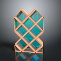 Geometric Wooden Wine Rack With Blue Glass Compartments And Reflective Base