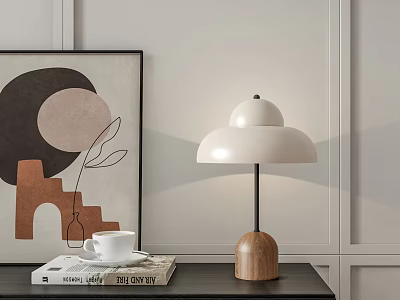 Modern Minimalist Table Lamp with White Dome Shade and Wooden Base on Desk with Books 3d model
