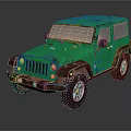 Green Off Road Jeep With Worn Paint And Muddy Exterior Details