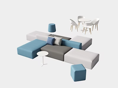 Modern Leisure Modular Sofa Set With Blue Gray White Modules Side Table And Chairs 3d model