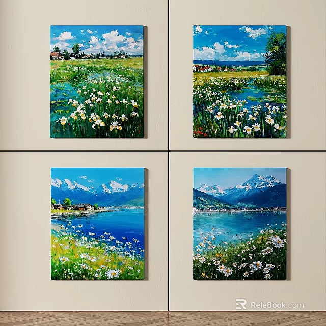 Vibrant Scenic Oil Paintings With Grassland White Flowers Mountains And Lake 3d model 