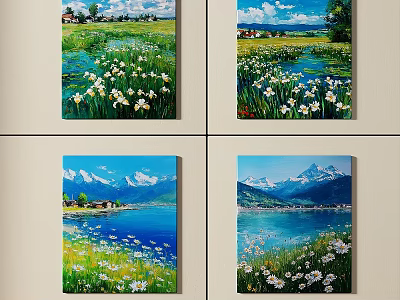 Vibrant Scenic Oil Paintings With Grassland White Flowers Mountains And Lake 3d model