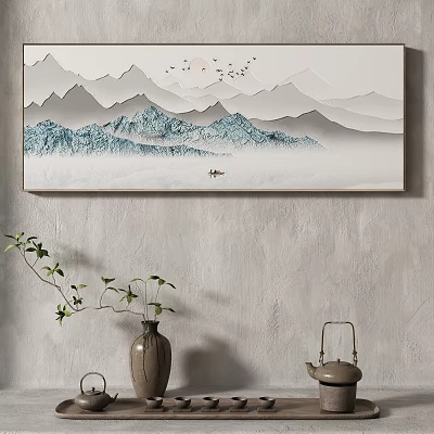 Chinese Landscape Painting With Layered Mountains Misty Water And Flying Birds 3d model