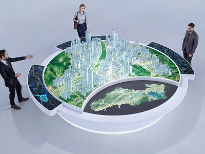 People Observing Urban Planning Model With High Rise Buildings Green Areas On Circular Display Platform 3d model