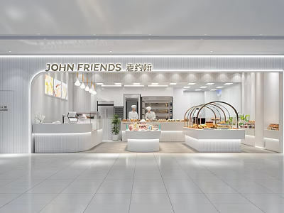 Open White Dessert Shop Interior Design With Counter Dessert Display Pendant Lights And Green Plants 3d model