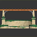 Garden Landscape with Pergola Orange Lattice Roof White Columns Stone Slab Floor and Green Lawn