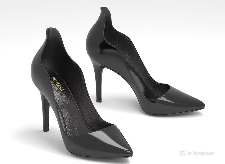 Black High Heels With Patent Leather Material Pointed Toe Design And Slim Heel 3d model 