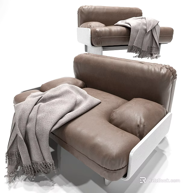 Brown Leather Single Sofa with White Legs and Gray Throw Blanket 3d model