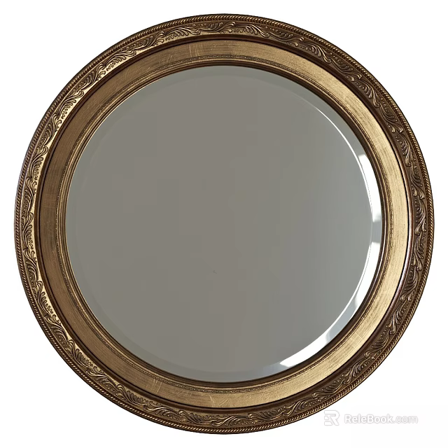 Elegant Round Decorative Mirror With Golden Ornate Carved Frame Design 3d model 