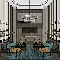 Modern Luxury Lounge Interior With Circular Chandeliers Wooden Panel Walls And Comfortable Sofas