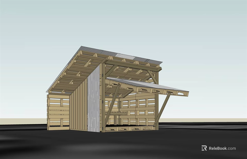 Wooden Structure Building With Sloped Roof Gray Wall And Open Design 3d model 