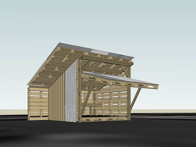 Wooden Structure Building With Sloped Roof Gray Wall And Open Design 3d model