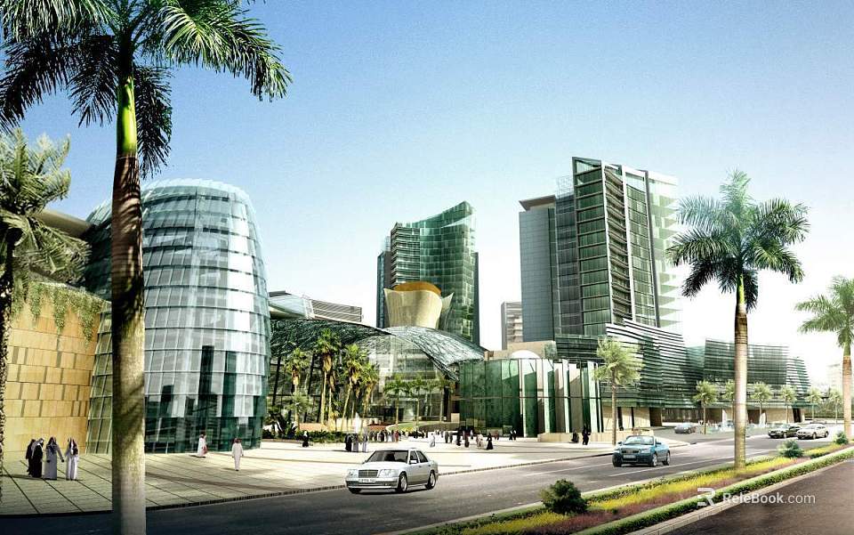 Modern Commercial Complex Design With Glass Curtain Walls Palm Trees Cars And Pedestrians On Street 3d model 